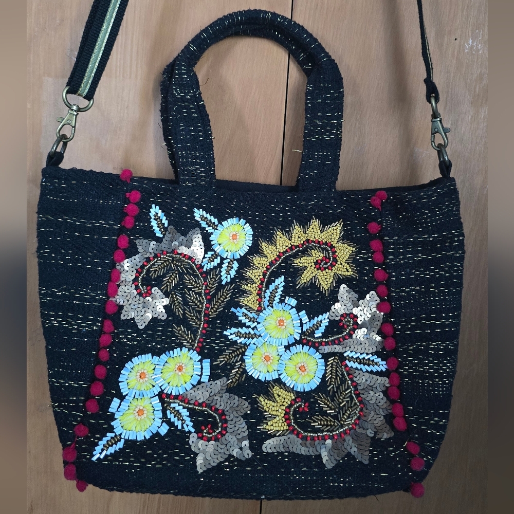 America & Beyond Boho Black Floral Embroidered Beaded Mini Tote Bag
